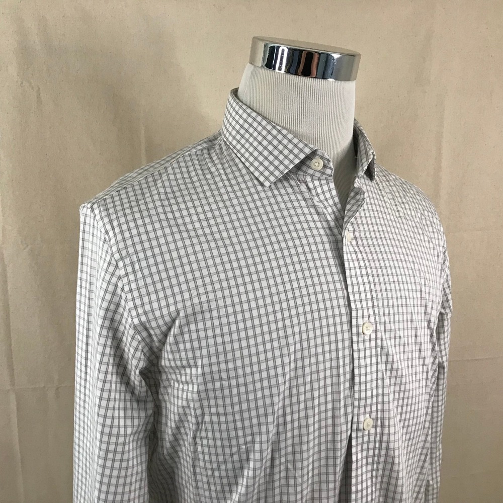 J.Crew Large 16 16.5 Slim Flex Wrinkle Free Shirt White Gray Plaid Cotton Blend